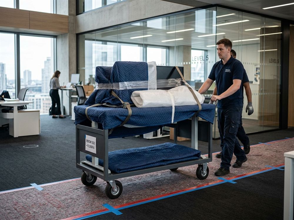 Commercial office relocation movers with padded workstations and IT hardware on carts